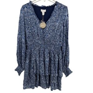 Apricot Blue Batik Folk Print Smock Tiered Mini Dress Long Sleeve Size 10